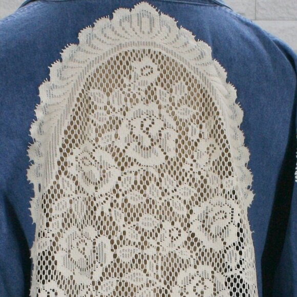 HAND CRAFTED Jacket Denim Blue Jean Upcycled Floral Vintage Cream Lace 2X - Picture 7 of 14